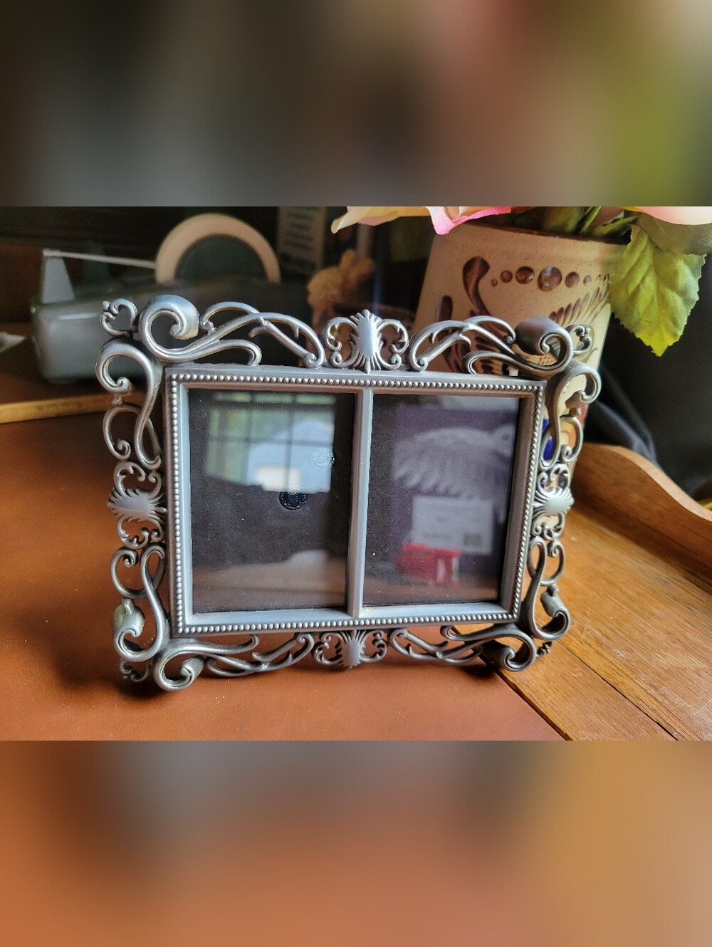 Double Photo Frame, Metal, Pewter Color, Ornate Scroll, 2 1/4” X 3 1/4” Ea. Side